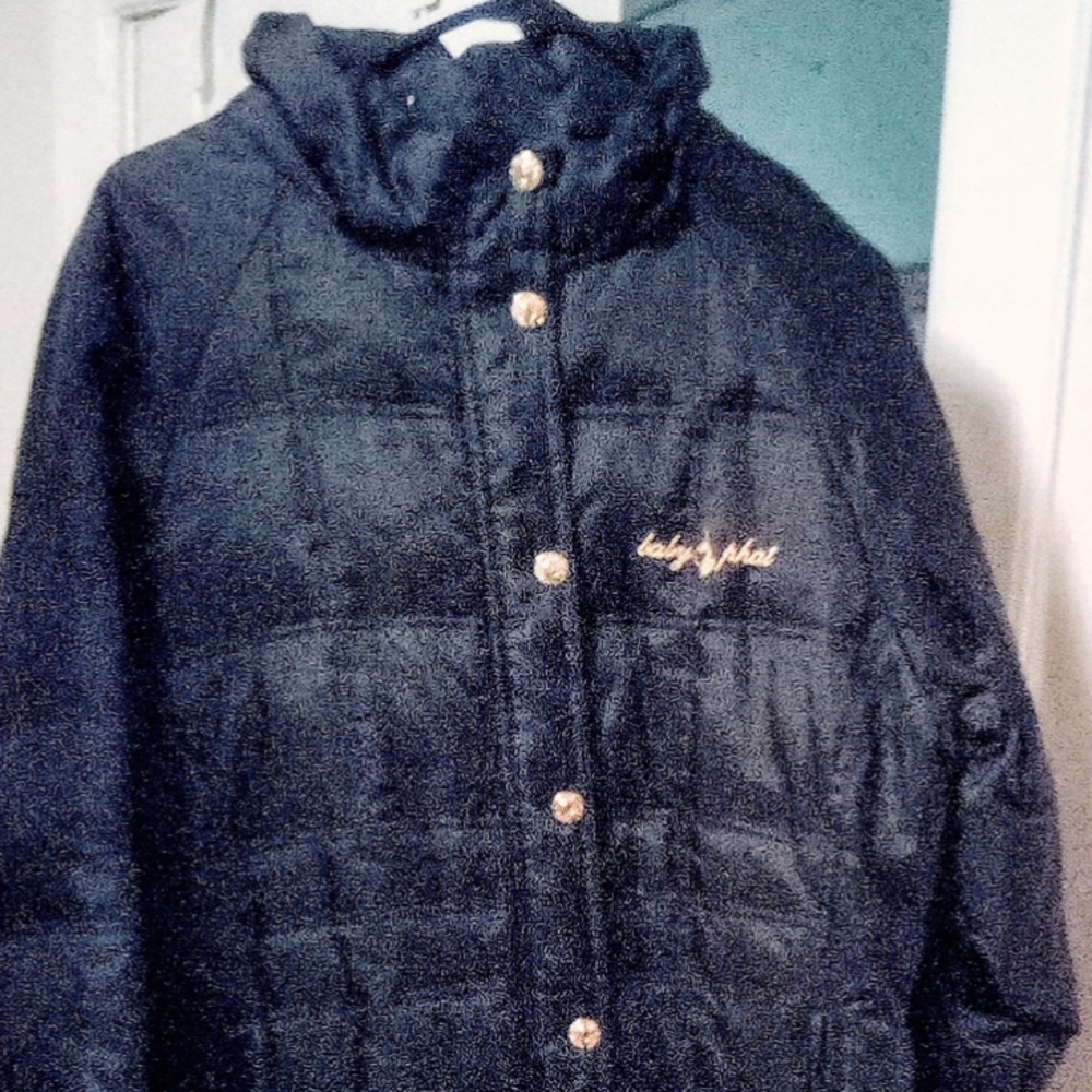 Women's mid length Baby Phat coat. Black with gold embroidery "BabyPhat"